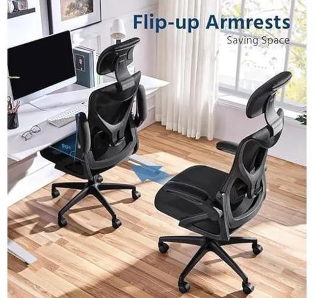 Alt view image 3 of 5 - Yaheetech Ergonomic Office Chair, High Back Desk Chair with Headrest and Flip-up Armrest Lumbar Support for Home Office Meeting Room Study, Black