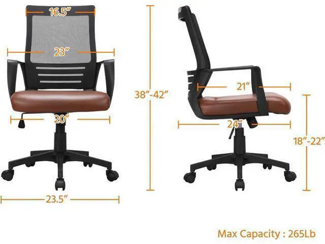 Alt view image 3 of 7 - Yaheetech Mid Back Mesh Office Chair with Leather Seat Executive Office Computer Task Chair with Armrests and Lumbar Support, Brown