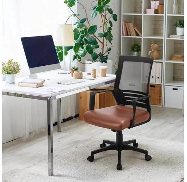 Alt view image 2 of 7 - Yaheetech Mid Back Mesh Office Chair with Leather Seat Executive Office Computer Task Chair with Armrests and Lumbar Support, Brown