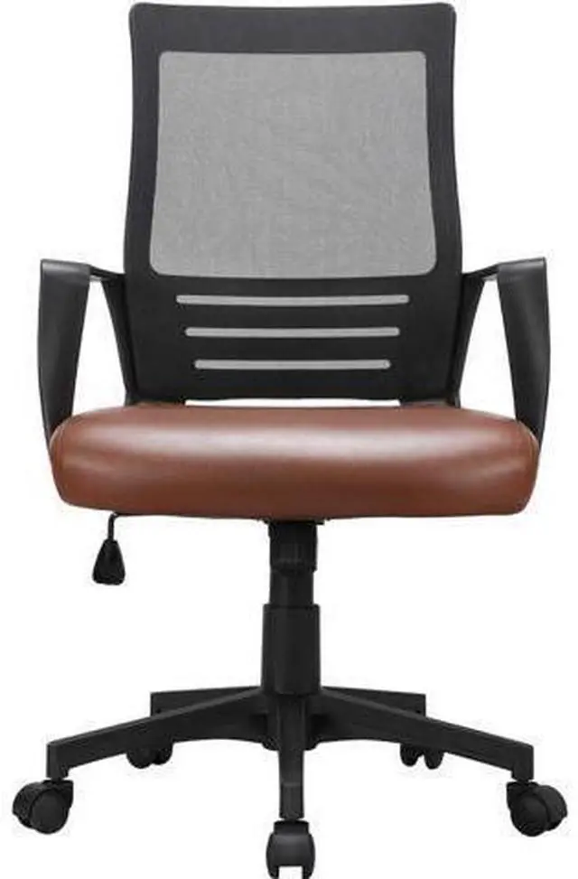 Main image of Yaheetech Mid Back Mesh Office Chair with Leather Seat Executive Office Computer Task Chair with Armrests and Lumbar Support, Brown