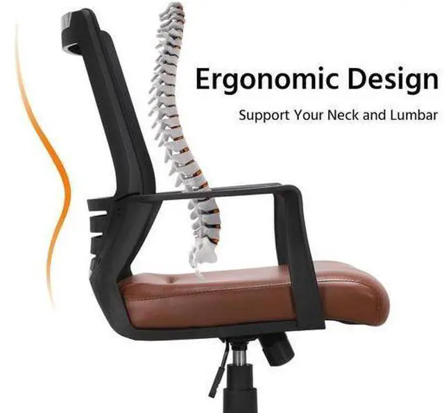 Alt view image 4 of 7 - Yaheetech Mid Back Mesh Office Chair with Leather Seat Executive Office Computer Task Chair with Armrests and Lumbar Support, Brown