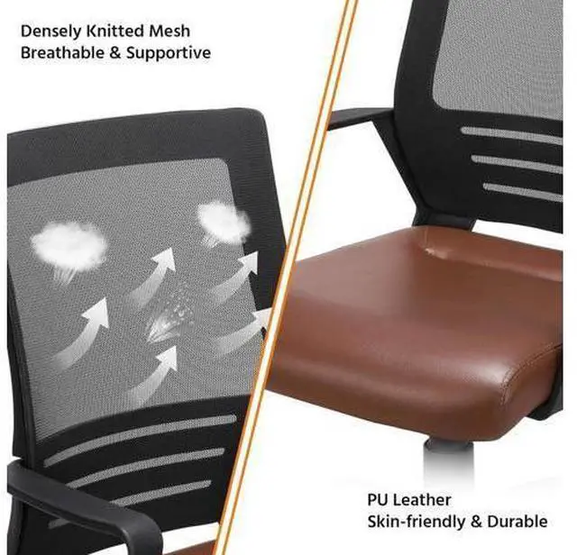 Alt view image 5 of 7 - Yaheetech Mid Back Mesh Office Chair with Leather Seat Executive Office Computer Task Chair with Armrests and Lumbar Support, Brown