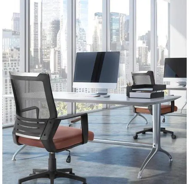 Alt view image 6 of 7 - Yaheetech Mid Back Mesh Office Chair with Leather Seat Executive Office Computer Task Chair with Armrests and Lumbar Support, Brown