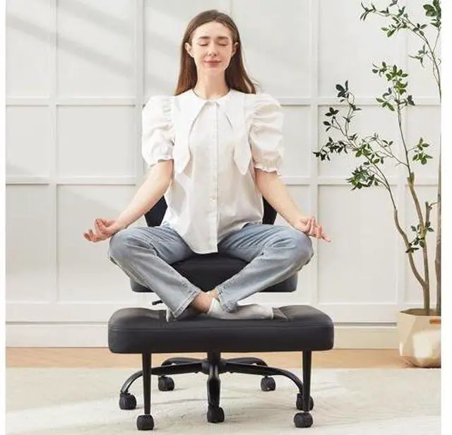 Main image of Criss Cross Legged Office Chair with Wheels,Swivel Meditation Chair for ADHD,Ergonomic Cross Legged Desk Chair with Thicken Adjustable Footstool,PU Sitting Fidgeting Kneeling Chair for Home Yoga Black