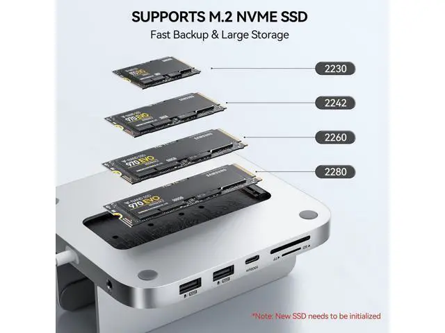 Alt view image 2 of 5 - Minisopuru Mac Mini Dock & Stand with M.2 NVMe SSD Enclosure, Upgrade 8 in 1 Mac Mini hub Support 10Gbps USB C/A, TF& SD, Audio Jack, Mac Mini Accessories for Mac Mini M2/M1 (Not for Mac Mini M4)