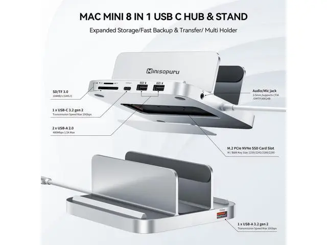 Alt view image 3 of 5 - Minisopuru Mac Mini Dock & Stand with M.2 NVMe SSD Enclosure, Upgrade 8 in 1 Mac Mini hub Support 10Gbps USB C/A, TF& SD, Audio Jack, Mac Mini Accessories for Mac Mini M2/M1 (Not for Mac Mini M4)