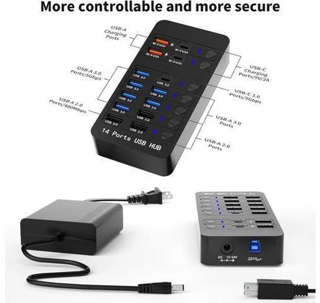 Alt view image 2 of 7 - Powered USB Hub 14 Ports USB Splitter Hub (10 Faster Data Transfer Ports+ 4 Smart USB Charging Port) USB Hub with LED Individual On/Off Switches for PC Laptop Desktop