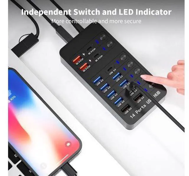 Alt view image 4 of 7 - Powered USB Hub 14 Ports USB Splitter Hub (10 Faster Data Transfer Ports+ 4 Smart USB Charging Port) USB Hub with LED Individual On/Off Switches for PC Laptop Desktop