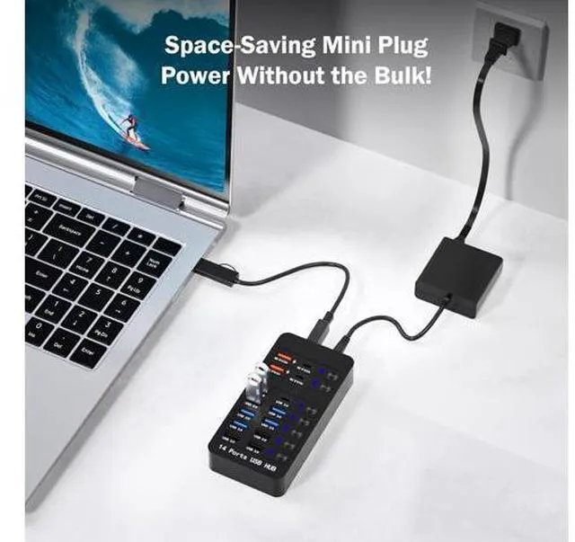 Alt view image 3 of 7 - Powered USB Hub 14 Ports USB Splitter Hub (10 Faster Data Transfer Ports+ 4 Smart USB Charging Port) USB Hub with LED Individual On/Off Switches for PC Laptop Desktop