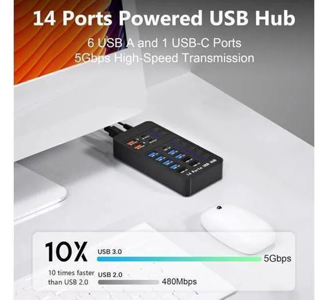 Alt view image 5 of 7 - Powered USB Hub 14 Ports USB Splitter Hub (10 Faster Data Transfer Ports+ 4 Smart USB Charging Port) USB Hub with LED Individual On/Off Switches for PC Laptop Desktop