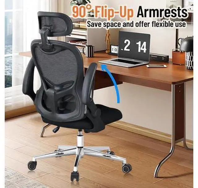 Alt view image 2 of 7 - Office Chair, Ergonomic Breathable Mesh,Flip-Up Arms and Adjustable High Back Lumbar Support,Comfy Computer Chair for Home Office (Black, 407)