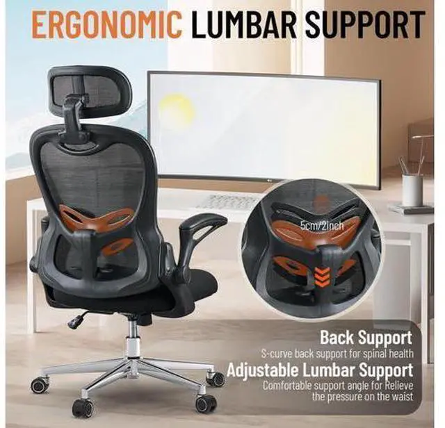 Alt view image 3 of 7 - Office Chair, Ergonomic Breathable Mesh,Flip-Up Arms and Adjustable High Back Lumbar Support,Comfy Computer Chair for Home Office (Black, 407)