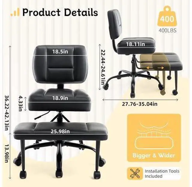 Alt view image 2 of 7 - Criss Cross Legged Office Chair with Wheels,Swivel Meditation Chair for ADHD,Ergonomic Cross Legged Desk Chair with Thicken Adjustable Footstool,PU Sitting Fidgeting Kneeling Chair for Home Yoga Black