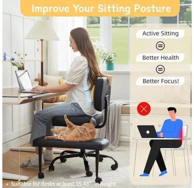 Alt view image 3 of 7 - Criss Cross Legged Office Chair with Wheels,Swivel Meditation Chair for ADHD,Ergonomic Cross Legged Desk Chair with Thicken Adjustable Footstool,PU Sitting Fidgeting Kneeling Chair for Home Yoga Black