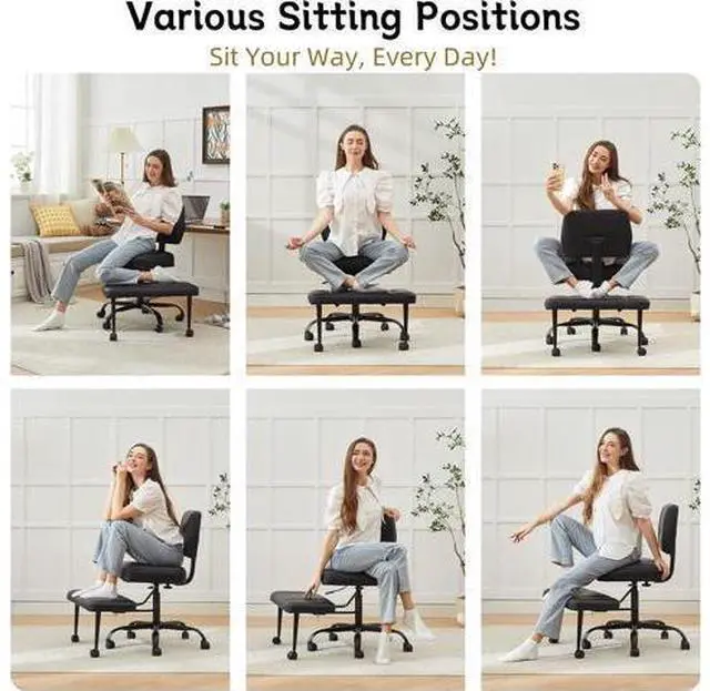 Alt view image 6 of 7 - Criss Cross Legged Office Chair with Wheels,Swivel Meditation Chair for ADHD,Ergonomic Cross Legged Desk Chair with Thicken Adjustable Footstool,PU Sitting Fidgeting Kneeling Chair for Home Yoga Black