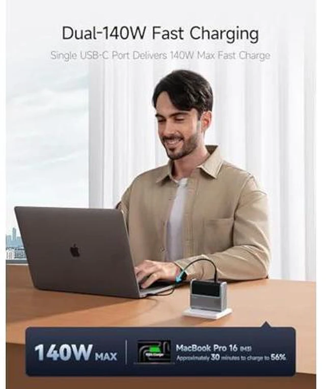 Alt view image 2 of 5 - CUKTECH 15 140W USB C Charger, 4-Port Foldable Laptop Block, Advanced GaN Power Adapter, PD3.1 Fast Charging Wall Charger for MacBook, iPhone 16 Series, Samsung Galaxy, iPad, Pixel, and More