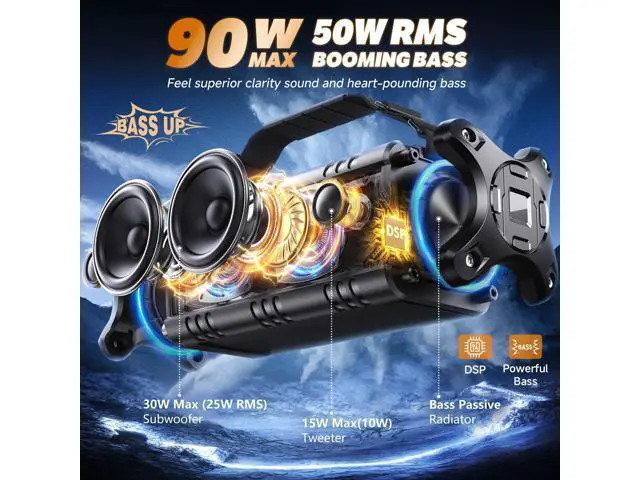 Alt view image 2 of 7 - W-KING Bluetooth Speaker, 90W Max Portable Outdoor Speaker Loud, IPX6 Waterproof/50W Deep Bass Subwoofer/40H/EQ/Dual Pairing/TF/AUX, Large Boombox Speakers Bluetooth Wireless for Party/Beach/Jobside