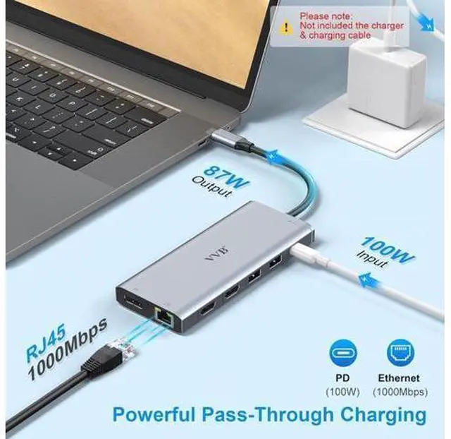Alt view image 6 of 7 - USB C Laptop Docking Station Dual Monitor HDMI for //HP Laptop 14 in 1 USB C Hub Multiport Adapter Dongle Dock USB C to 2 HDMI 4K+DisplayPort+Ethernet+4USB+2USB C+100W PD Charger+SD/TF+Audio