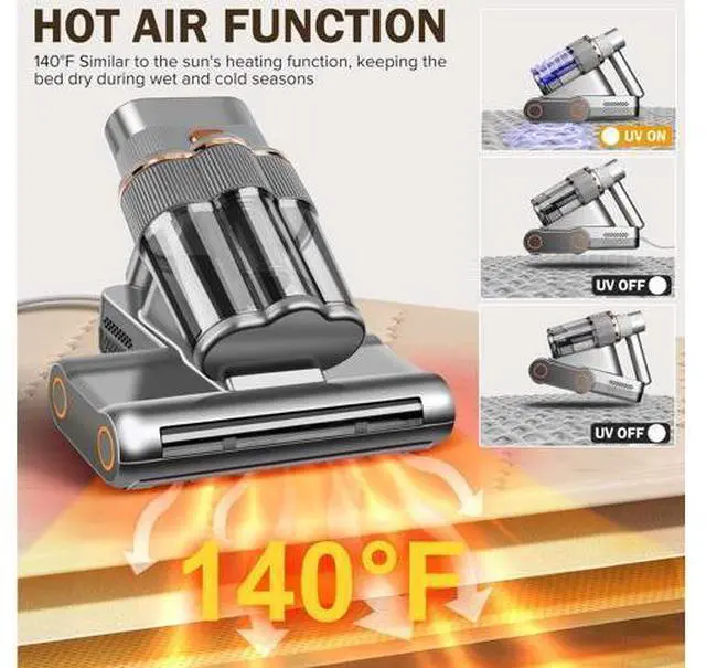 Alt view image 3 of 7 - Powerful Mattress Vacuum Cleaner,Handheld Bed Vacuum with UV-C Light, 16Kpa Strong Suction, 30000 RPM Dual Drum Brushes, 140°F Hot Air & Ultrasonic Tech, 500W Corded for Quick Dust Removal