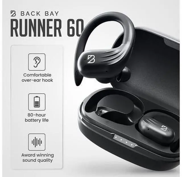 Alt view image 3 of 7 - Back Bay Audio Runner 60 Wireless Running Earbuds, 80 Hour Long Battery Life Over The Ear Earbuds with EarHooks, Wrap Around Earphones Wireless Bluetooth Earphones with Microphone, in Ear Headphones