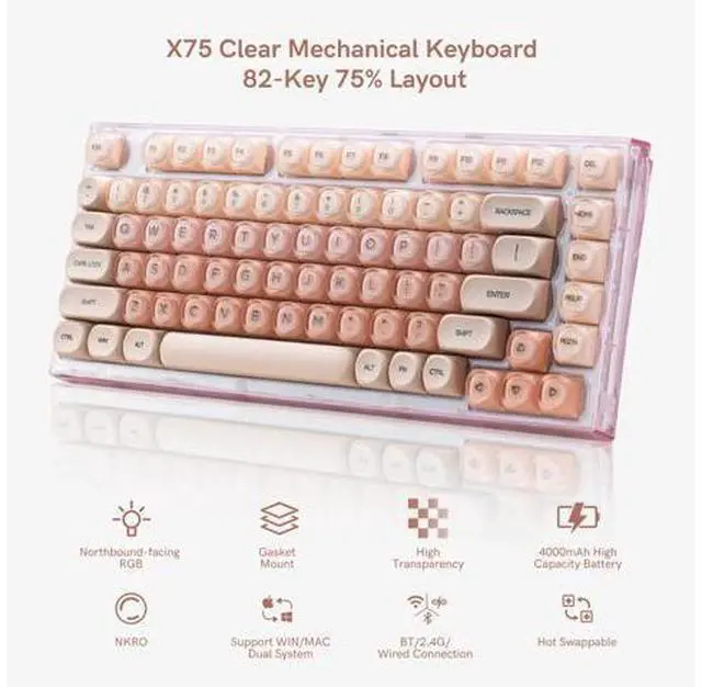 Alt view image 2 of 5 - Womier X75 75% Wireless Mechanical Keyboard, Hot Swappable Computer Creamy Keyboard, Foundation Jelly Keycaps, Pre-lubed Switches Gasket Mount RGB Backlit Gaming Keyboards for Win/Mac, Pink