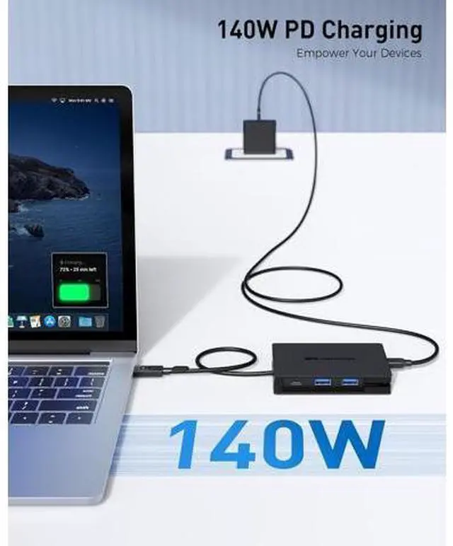 Alt view image 5 of 7 - 8-in-1 USB C Hub Multiport Adapter with Dual 4K@60Hz HDMI 140W PD Charging Gigabit Ethernet 10Gbps Data Transfer: 2X USB-C & 1x USBA 3.2 Ports (Support ONE External Display on MacOS)