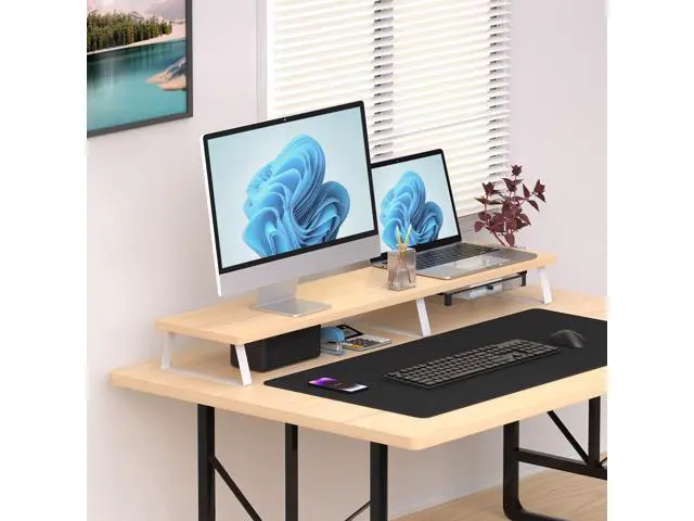 Alt view image 2 of 5 - Large Dual Monitor Stand Riser - Monitor Stand for 2 Monitors, Wooden Computer Stand For Desk with Metal Legs, Desk Organizers and Storage With Drawer, Desk Shelf for Computer/Laptop/Printer/TV, Oak