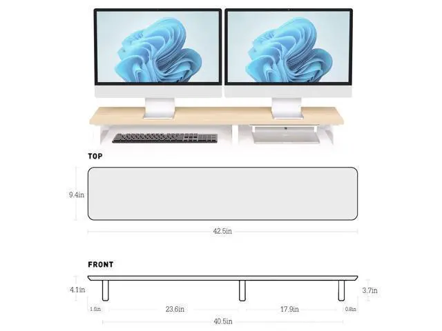 Alt view image 3 of 5 - Large Dual Monitor Stand Riser - Monitor Stand for 2 Monitors, Wooden Computer Stand For Desk with Metal Legs, Desk Organizers and Storage With Drawer, Desk Shelf for Computer/Laptop/Printer/TV, Oak