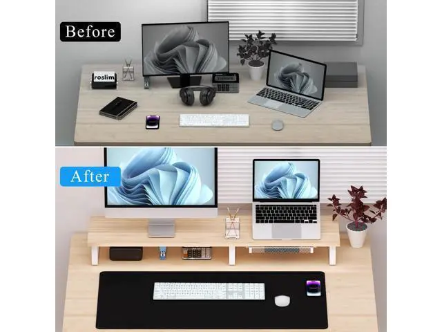 Alt view image 4 of 5 - Large Dual Monitor Stand Riser - Monitor Stand for 2 Monitors, Wooden Computer Stand For Desk with Metal Legs, Desk Organizers and Storage With Drawer, Desk Shelf for Computer/Laptop/Printer/TV, Oak