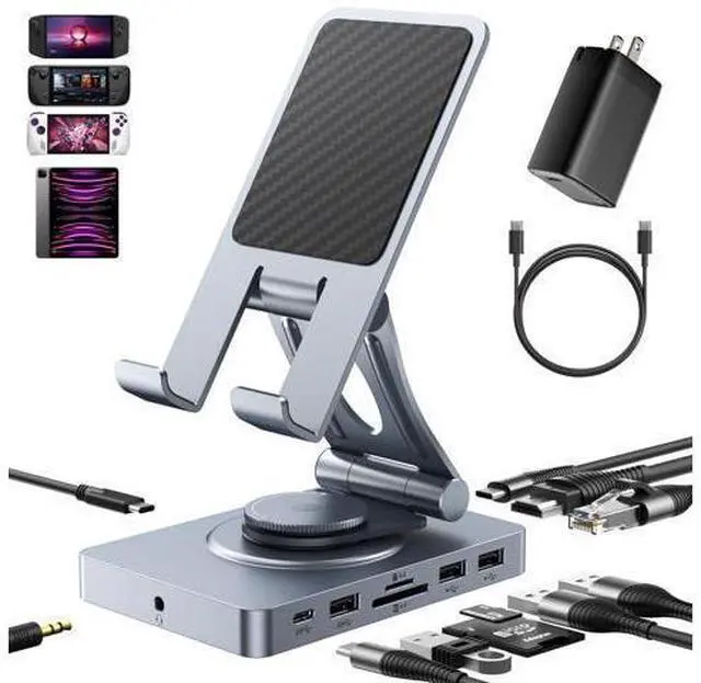 Main image of Versatile USB C Docking Station for iPad, 11-in-1 with SD TF 4.0 Reader, 4K@60Hz HDMI, RJ45, Audio, USB A, USB C, Rotatable Dock for Tablet, iPad/Pro, Steam Deck, ROG Ally, Legion Go, with 65W Adapter