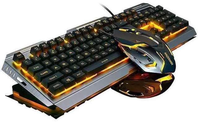 Main image of Gaming Keyboard and Mouse Combo Orange Yellow Backlit LED Backlight Keyboard Computer Gaming Keyboad Lighted PC Gaming Mouse USB Keyboard Clicky Key Silver Metal Structure for Xbox PS4 PS3 Working