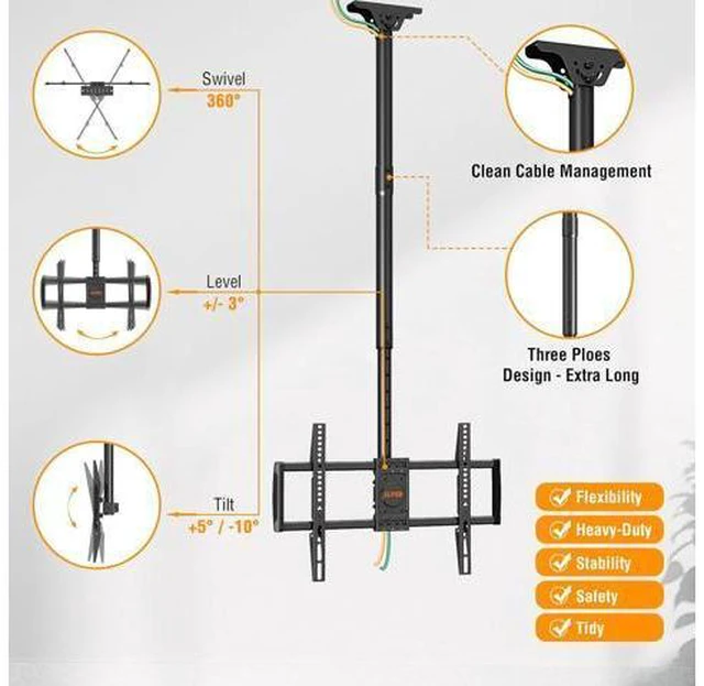 Alt view image 4 of 7 - ELIVED Ceiling TV Mount for Most 37-75 Inch TVs, Height Adjustable Full Motion Ceiling Mount for Flat Pitched Roof, Hanging TV Bracket Swivel and Tilt, Holds up to 110 lbs, Max VESA 600x400mm YD3016