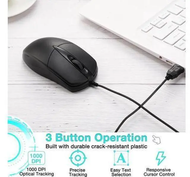 Alt view image 4 of 7 - 50 Pcs Black Wired USB Computer Mouse Bulk 1000 DPI 3 Button Corded Mouse with Home Office Noiseless Simple USB for Computer Laptop Desktop PC
