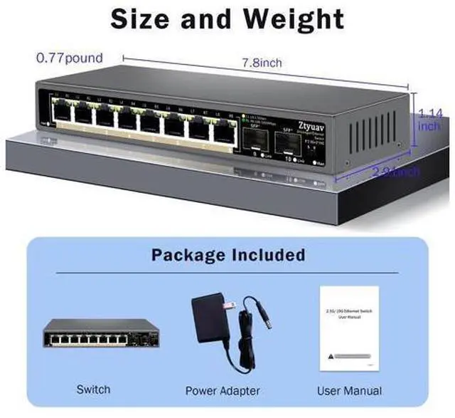 Alt view image 6 of 7 - 10 Port Unmanaged 2.5G Ethernet Switch with 8 x 2.5G RJ-45 Ports, 2 x 10G SFP+ Ports, Ports Speed Auto-Negotiation-100/1000/2500Mbps, One-Key VLAN, Fanless Metal Design, Plug & Play