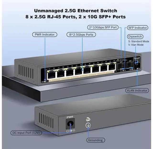 Alt view image 2 of 5 - Ztyuav 10 Port Unmanaged 2.5G Ethernet Switch with 8 x 2.5G RJ-45 Ports, 2 x 10G SFP+ Ports, Ports Speed Auto-Negotiation-100/1000/2500Mbps, One-Key VLAN, Fanless Metal Design, Plug & Play