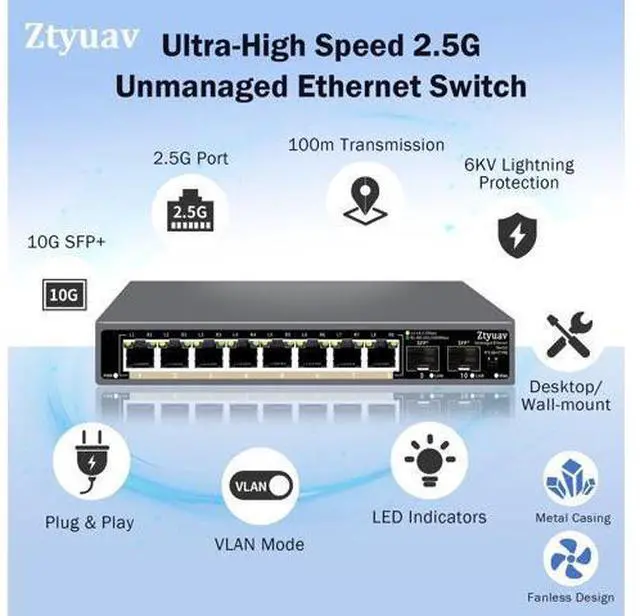 Alt view image 3 of 5 - Ztyuav 10 Port Unmanaged 2.5G Ethernet Switch with 8 x 2.5G RJ-45 Ports, 2 x 10G SFP+ Ports, Ports Speed Auto-Negotiation-100/1000/2500Mbps, One-Key VLAN, Fanless Metal Design, Plug & Play