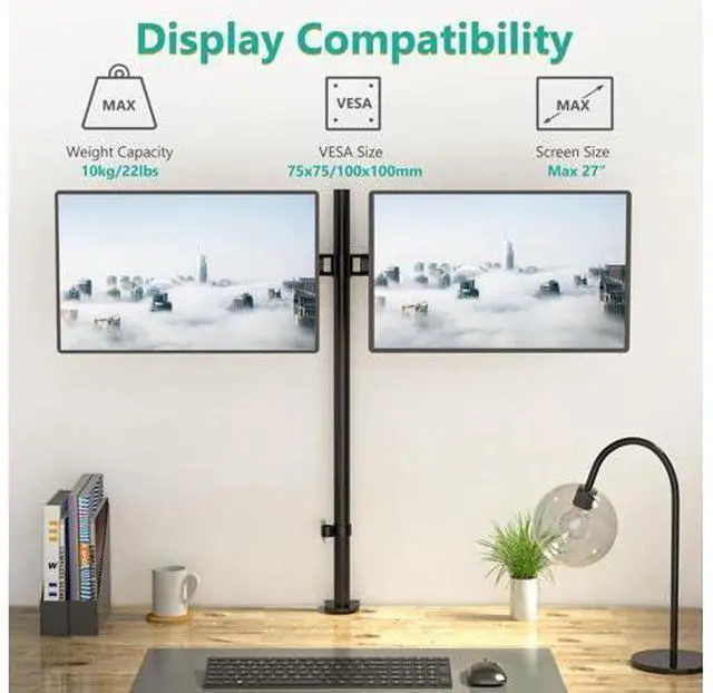 Alt view image 2 of 5 - WALI Extra Tall Dual LCD Monitor Fully Adjustable Desk Mount Fits 2 Screens up to 27 inch, 22 lbs. Weight Capacity per Arm (M002XL), Black