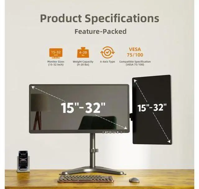 Alt view image 5 of 5 - Claiks Dual Monitor Mount, Ergonomic Adjustable Monitor Arm for Max 32 inch Screens, Adjustable Computer Monitor Stand up to 40 lbs, VESA Mounting Holes 75&100mm, Black