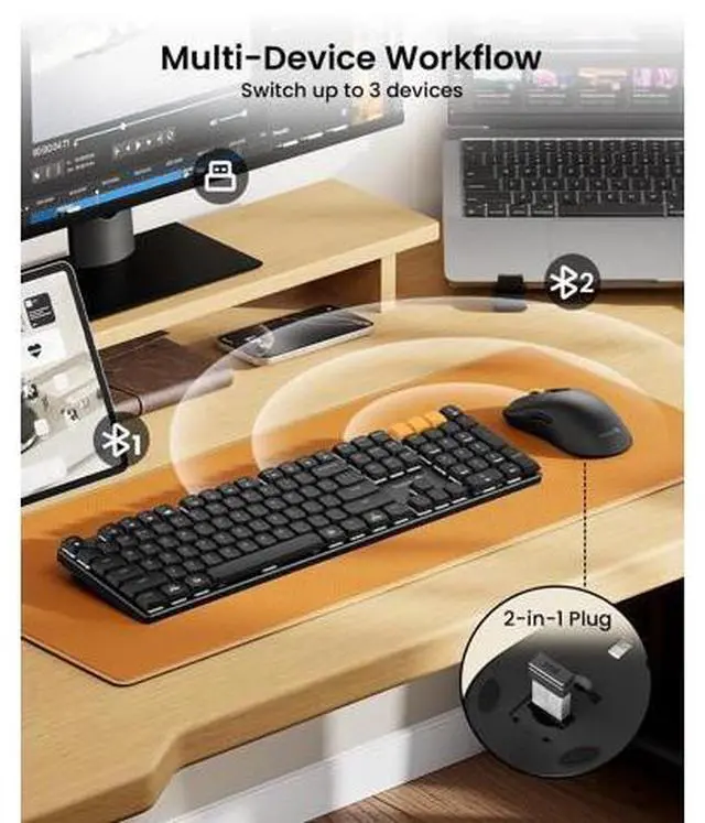 Alt view image 3 of 5 - ProtoArc KM310 Mechanical Keyboard and Mouse, Wireless Rechargeable Aluminum Keyboard Mouse, 2.4G+Dual Bluetooth, Low Profile Keys, Linear Red Switches, Multi-Device, for Windows/Mac - Black