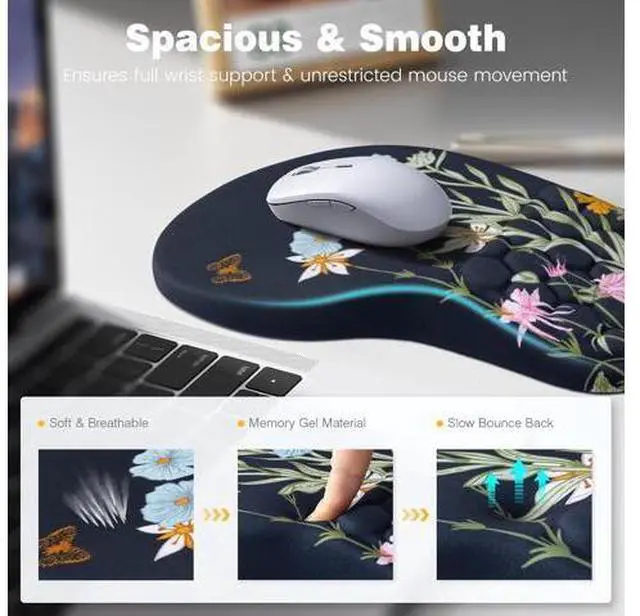 Alt view image 3 of 6 - Ergonomic Mouse Pad and Keyboard Stand Wrist Rest Set Memory Foam Comfort Pain Relief for Typing Office Desk Accessories Moonlit Blossoms