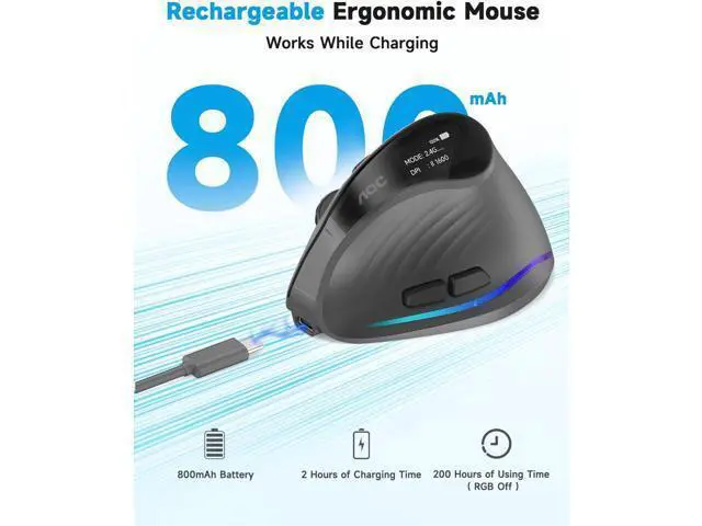 Alt view image 3 of 7 - Ergonomic Mouse Wireless Rechargeable Bluetooth Vertical Mouse with RGB 4800 DPI Optical Tracking 2.4G Computer Mouse Compatible with Laptop PC Mac and Desktop - Gray