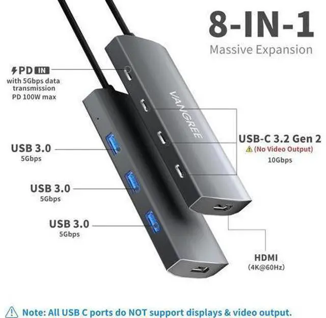 Alt view image 2 of 7 - USB C Hub 3 USB 3.2 Gen 2 Ports with 10Gbps 4K@60Hz HDMI 100W Power Delivery 3 USB-A 3.0 Ports USB C Splitter Multiport Adapter Extender for MacBook Pro/Air iPad Pro Mac mini and More