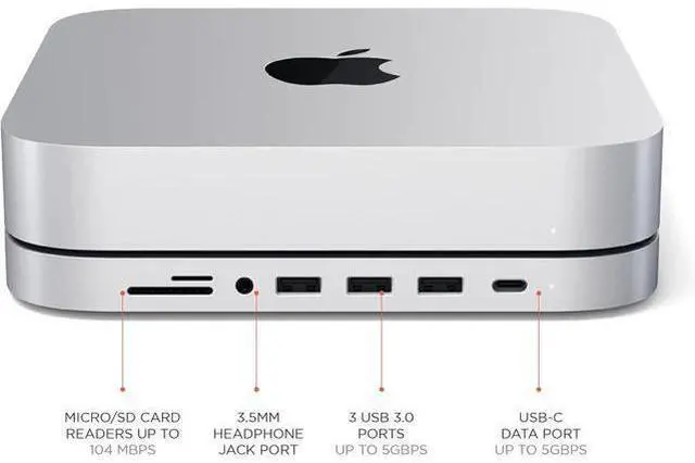 Alt view image 2 of 7 - USB C Hub Type-C Aluminum Stand & Hub USB-C Data Port Micro/SD Card Readers USB 3.0 & Headphone Jack Port for Mac mini M2/M1 (Not Compatible with M4) - Silver
