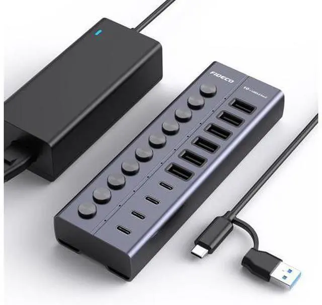 Main image of 60W Powered USB Hub for Laptop and PC 10-Port 10Gbps USB Splitter with 12V 5A Power Adapter Aluminum USB 3.2 Gen 2 Multiport Adapter 6 USB-A and 4 USB-C Ports Support BC1.2 Charging