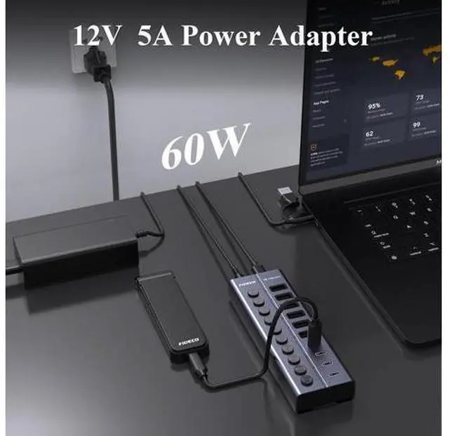 Alt view image 2 of 7 - 60W Powered USB Hub for Laptop and PC 10-Port 10Gbps USB Splitter with 12V 5A Power Adapter Aluminum USB 3.2 Gen 2 Multiport Adapter 6 USB-A and 4 USB-C Ports Support BC1.2 Charging