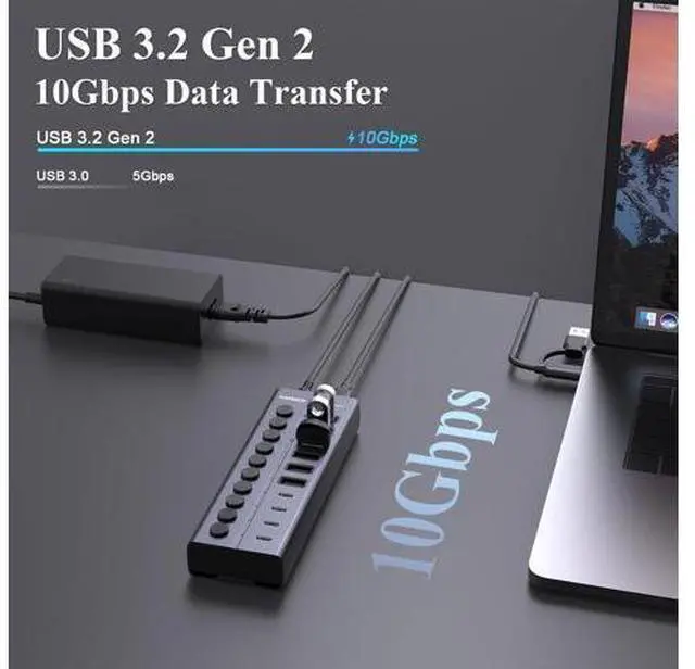 Alt view image 3 of 7 - 60W Powered USB Hub for Laptop and PC 10-Port 10Gbps USB Splitter with 12V 5A Power Adapter Aluminum USB 3.2 Gen 2 Multiport Adapter 6 USB-A and 4 USB-C Ports Support BC1.2 Charging