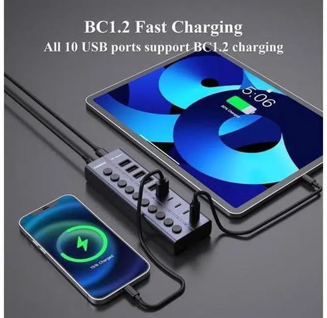 Alt view image 4 of 7 - 60W Powered USB Hub for Laptop and PC 10-Port 10Gbps USB Splitter with 12V 5A Power Adapter Aluminum USB 3.2 Gen 2 Multiport Adapter 6 USB-A and 4 USB-C Ports Support BC1.2 Charging
