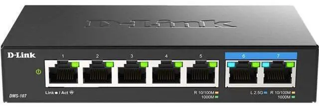 Main image of D-Link 7-Port 2.5GB Unmanaged Gaming Switch with 2 x 2.5G, 5 x 10/100/1000 Mbps - Multi-Gig, Network, Fanless, Plug & Play (DMS-107) Black