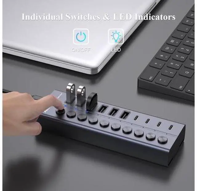 Alt view image 5 of 7 - 60W Powered USB Hub for Laptop and PC 10-Port 10Gbps USB Splitter with 12V 5A Power Adapter Aluminum USB 3.2 Gen 2 Multiport Adapter 6 USB-A and 4 USB-C Ports Support BC1.2 Charging