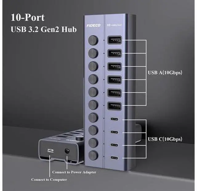 Alt view image 7 of 7 - 60W Powered USB Hub for Laptop and PC 10-Port 10Gbps USB Splitter with 12V 5A Power Adapter Aluminum USB 3.2 Gen 2 Multiport Adapter 6 USB-A and 4 USB-C Ports Support BC1.2 Charging